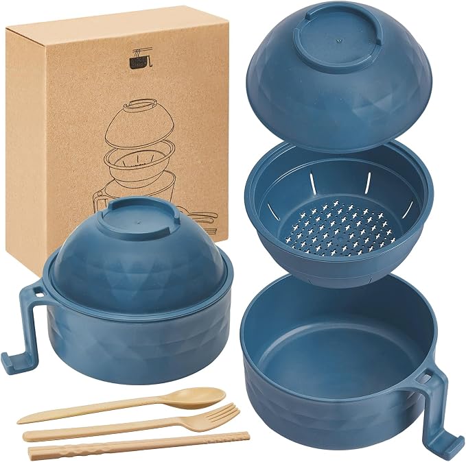 1 Set Microwave Ramen Cooker 40oz Wheat Straw Microwave Noodle Bowl Set with Chopsticks, Spoon, Fork, College Dorm Office Apartment Essentials (Dark Blue)