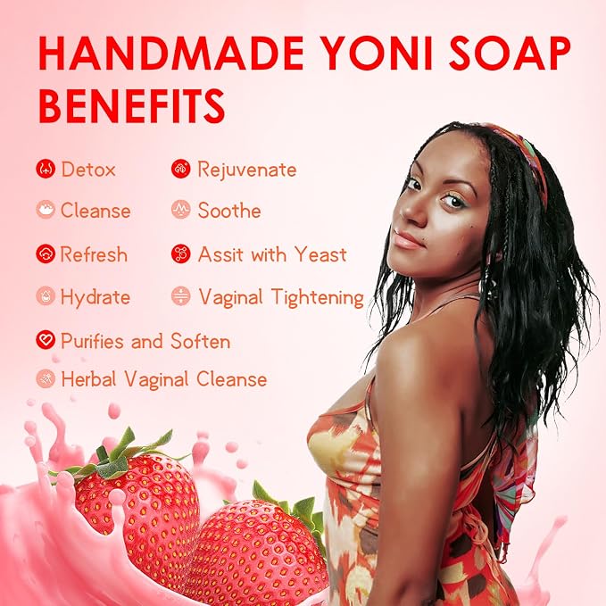 2 Pack Yoni Soap Bars, Natural Vaginal Wash for Women Feminine Wash Vaginial Deodorants pH Balance, Eliminates Odor, Feminine Cleansing Bar Soap Vaginal Care Soap, Handmade Strawberry Body Soap