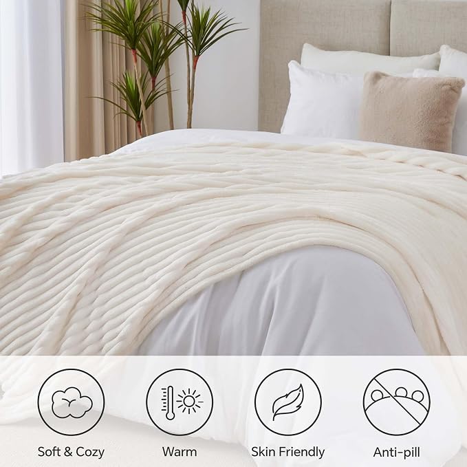 BEDELITE Ribbe Blankets Queen Size for Bed, Cream, 90"x90" | Ultra-Soft Plush Fleece, Warm Yet Lightweight, Ribbed Texture, Home Decor, Machine Washable, Giftable, All-Season Use