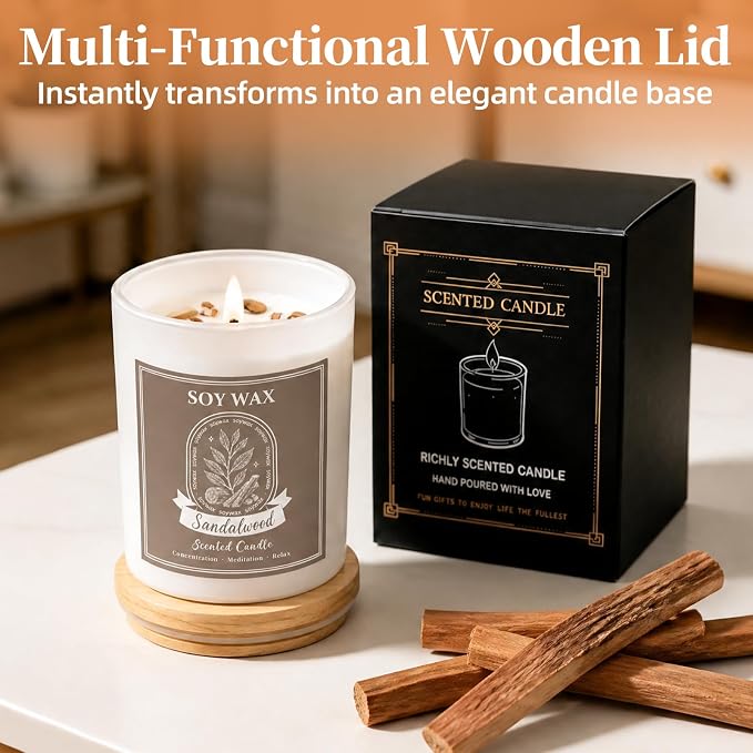 Scented Candle, Candles for Home Scented, 5.2 oz Soy Candles for Aromatherapy, Natural Hand-Poured, Relaxing Sandalwood Scent, Gift for Women Mom (Sandalwood)