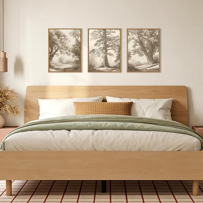 Vintage Tree Canvas Wall Art Framed Rustic Tree Landscape Sketch Antique Painting Neutral Forest Wall Decor 16x12 Inch Farmhouse Botanical Set of 3 for Living Room Bedroom