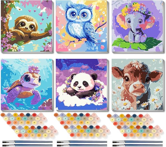 VividMeng 6 Pack Cartoon Paint by Numbers Kit for Kids Framed Canvas, Animals Paint by Number for Kids Ages 4-8-12, DIY Easy Acrylic Painting Kits for Home Wall Decor and Gift (8X8inch)