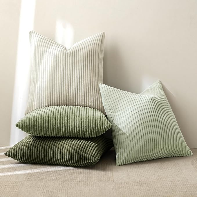 MIULEE Soft Corduroy Decorative Throw Pillow Covers Light Green 20x20 | Set of 4, Mordern Nordic Decor, Light Green Gradient Matching, Boho Farmhouse Cushion Covers for Couch Bed Sofa Living Room