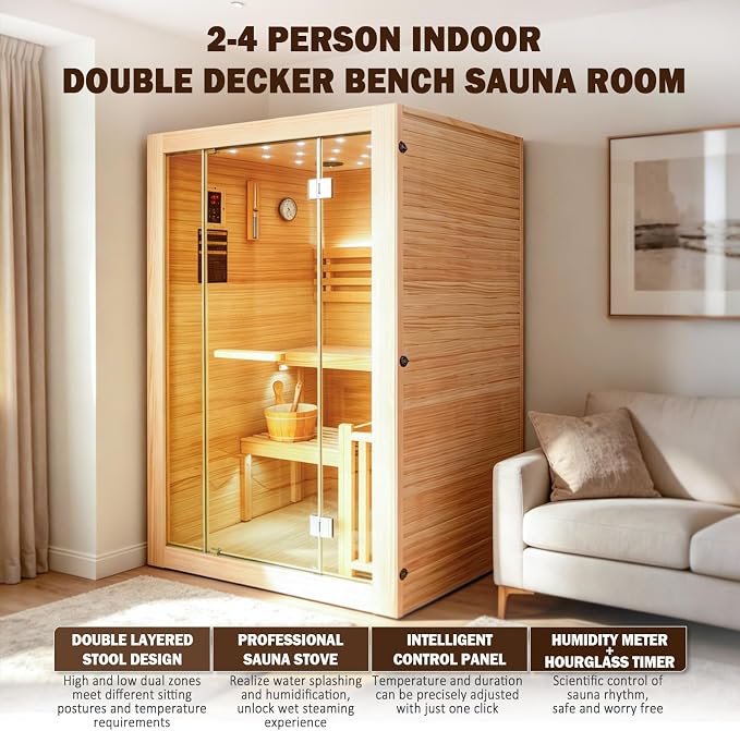 Steam Sauna, 2-4 Person Traditional Indoor Sauna with 3KW/240V Stove Heater | Chilean Pine Wood Sauna Room with Wooden Barrel and Spoon, Sauna Stone, Hygrometer, Cup Holder, LED Lighting, Speaker