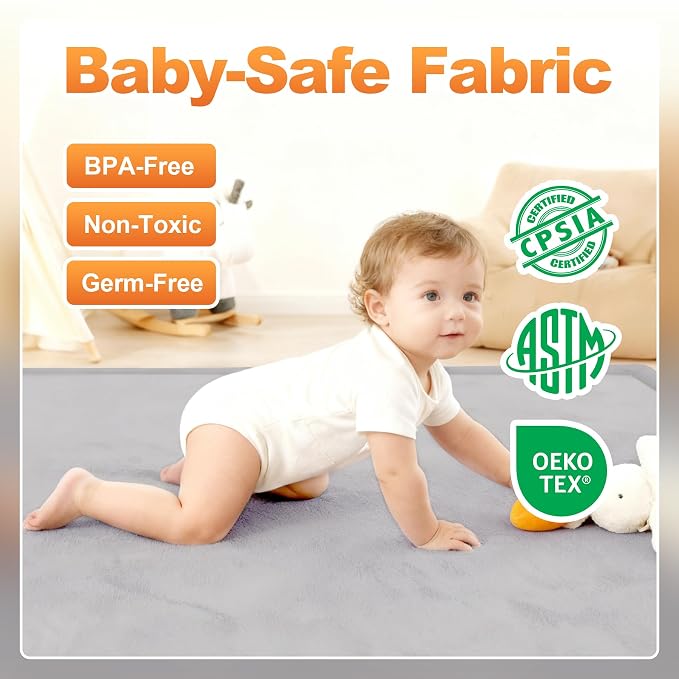 Ultra Soft Play Mat for Floor, 50"x50" Playpen Mat, 1.3" Thick Memory Foam, Non-Slip Tummy Time Mat for Infants, Toddlers, and Kids – Water-Repellent Coral Velvet, Easy Care