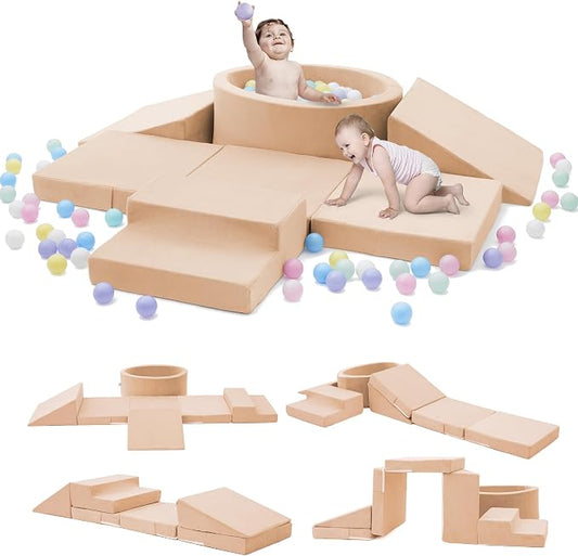 Elftopia Foam Climbing Blocks with Ball Pit & Stairs for Toddlers Aged 1-3 -Soft Playset for Indoor Crawling, Foam Playground Set for Baby to Active Playing Inside -(Balls NOT Included),Beige