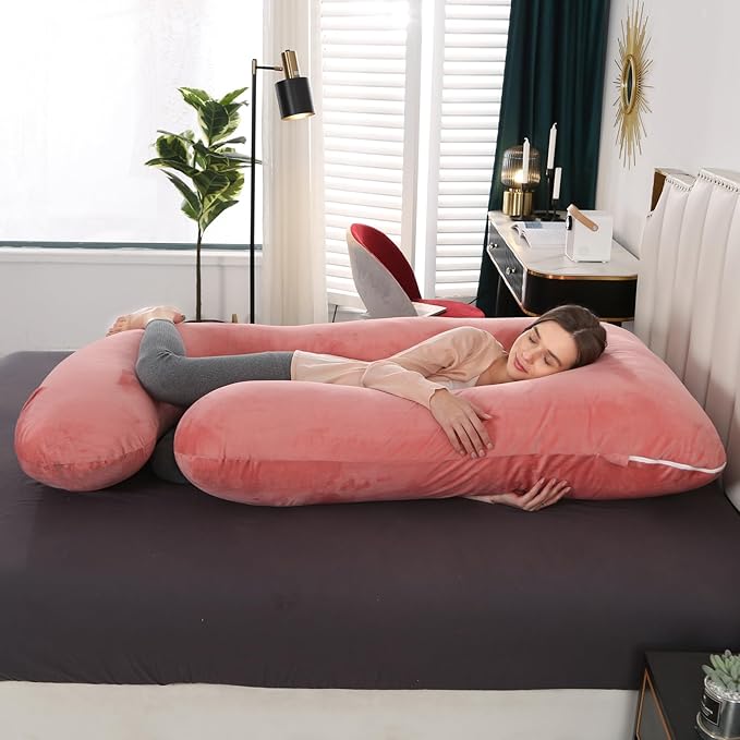 BATTOP Pregnancy Pillow,Pregnancy Pillows for Sleeping,Full Body Pillow with Removable Cover,Support for Back,Legs,Belly,Hips,57 Inch Maternity Pillow,Pregnancy Must Haves（Pink）