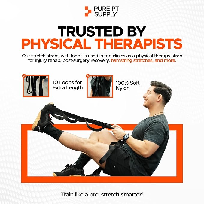 Pure PT Stretching Strap with 10 Loops – Non-Elastic - Physical Therapist-Approved Stretch strap for Stretching, Yoga, Injury Recovery & Flexibility | Premium Yoga Strap - Expert Workouts Included