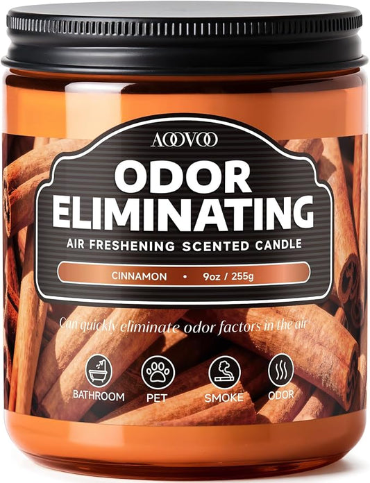 AOOVOO Cinnamon Odor Eliminating Highly Fragranced Candle - Eliminates 95% of Pet, Smoke, Food, and Other Smells Quickly, Non Toxic Air Freshing Soy Candle, 9 oz Up to 50 Hours Burn time
