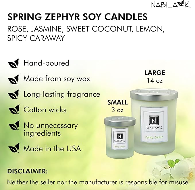 Nabila K – Spring Zephyr - Soy-Based Candle – Rose, Jasmine, Sweet Coconut, Lemon, Spicy Caraway - Hand-Poured - Cotton Wick - Aromatherapy Candle w/Essential Oils - Made in USA - 3 oz