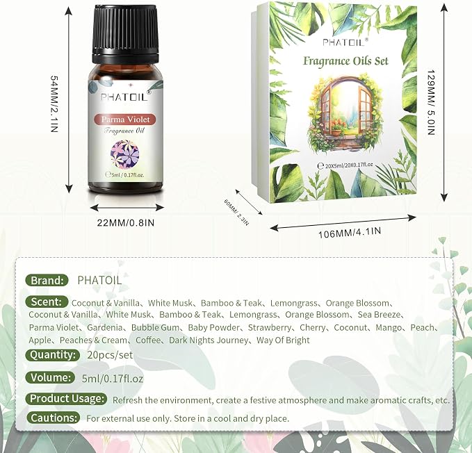 PHATOIL Coconut 20 Pcs Fragrance Oil Set, Premium Fragrance Oil, for Humidifier, DIY Candle & Soap Making Scent, Aromatherapy Diffuser Oils Set (5ML)