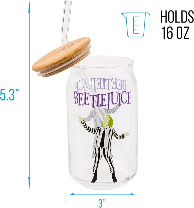 Silver Buffalo Tim Burton Beetlejuice Glass Jar Tumbler with Bamboo Lid and Glass Straw, 16 Ounces