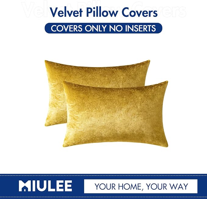 MIULEE 12x20 Inch Lumbar Velvet Throw Pillow Covers Golden | Pack of 2 Soft Solid Decorative Pillow Covers, Modern Luxury Home Decor, for Chair Couch Sofa Bedroom Livingroom