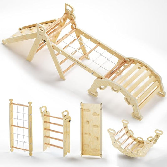 BlueWood 2025 8-in-1 Pikler Triangle Climbing Set Toddler Toys Indoor Baby Jungle Gym Climber Playground for Kids - Natural Wood