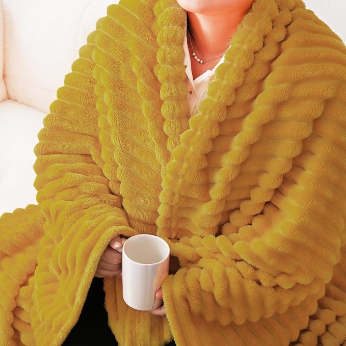Mustard Yellow Fleece Throw Blanket 50”×60” for Couch Sofa Livingroom | Linecooo Super Soft Cozy Plush Microfiber Flannel Bed Blanket Striped Design Lightweight Home Decor Gifts for Adult Mom Women