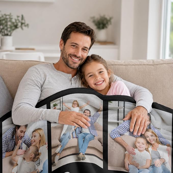 Fathers Day Birthday Gift for Dad Custom Blanket with 9 Photo & Text, Personalized Blankets with Picture to My Dad, HD Printing Customized Flannel Throw Blanket Gifts for Best Daddy Grandpa Ever