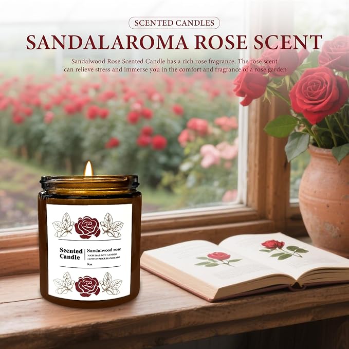 Coniol Natural Sandalwood Rose Scented Candle for Home - Rich & Warm Aromatherapy for Home Relaxation, Holiday Decor & Stress Relief, Premium Soy Wax for Family Coziness