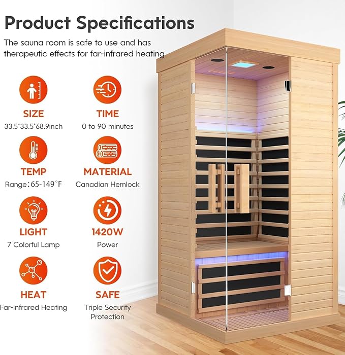 Infrared Sauna 1 Person Far Infrared Home Sauna for Men Women Elder | Canadian Hemlock Wood Low EMF Dry Sauna with Speakers Oxygen Bar 7 Color Light 1420W Fast Heating Easy Assembly 33.5x33.5x69"