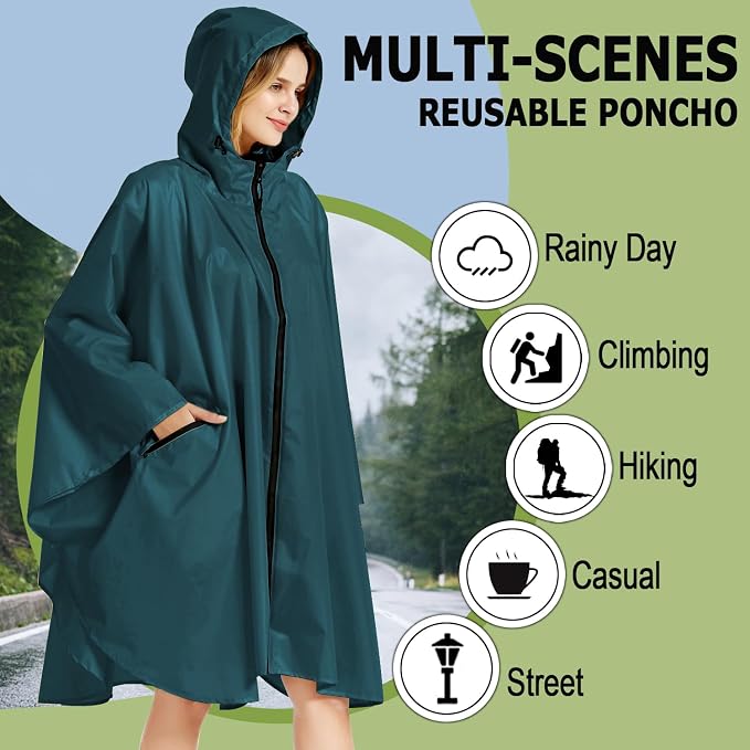 Fashion Hooded Rain Poncho Waterproof Raincoat Jacket with pocket for Women/Men/Adult