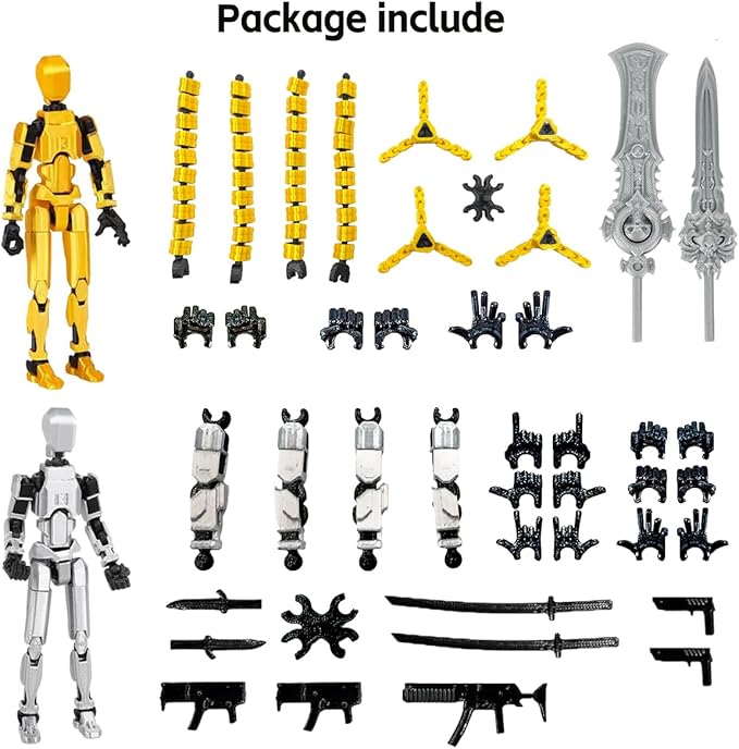 T13 3D Action Figure Set (Assembly Completed) 2 Pcs, 3D Printed Multi-Jointed, Titan 13 Action Figures, Multi-Articular Lucky Mobile Robot Nova,Desktop Decorations for Game Lovers Toys (Gold Sliver)