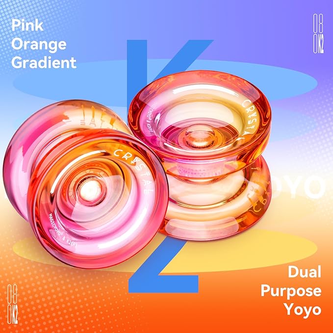 MAGICYOYO K2 Crystal Yoyo Professional Responsive Yoyo for Beginner, Double Colors Plastic Yo-Yo, Dual Trick Yo Yo with 12 Yo-yo Strings, Case Bag + Accessory Kit (Pink + Orange Gradient)