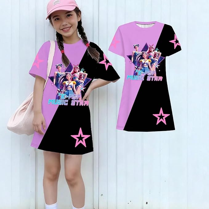 Girl's Anime K-POP Graphic Long Dress T-Shirt - Casual Loose Fit Short Sleeve Top