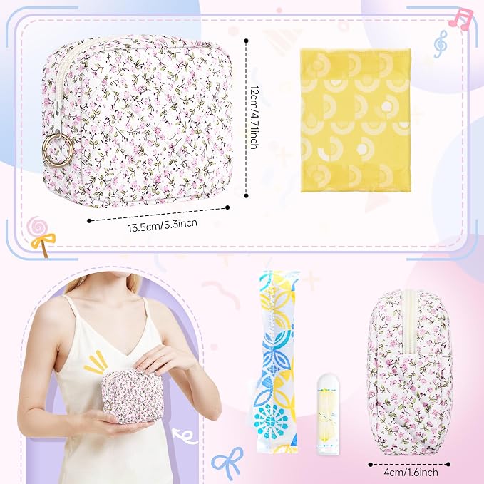 Period Bag for Teen Girls, Quilted Sanitary Napkin Storage Bag, Cute Menstrual Pad Pouch Tampon Holder (Pink Floral)