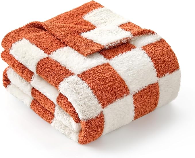 Snuggle Sac Orange Throw Blanket for Fall,Soft Fall Checkered Blanket for Couch, Cozy Faux Fur Knit Microfiber Blankets for Sofa, Bed, Orange Checker,50x60 inches