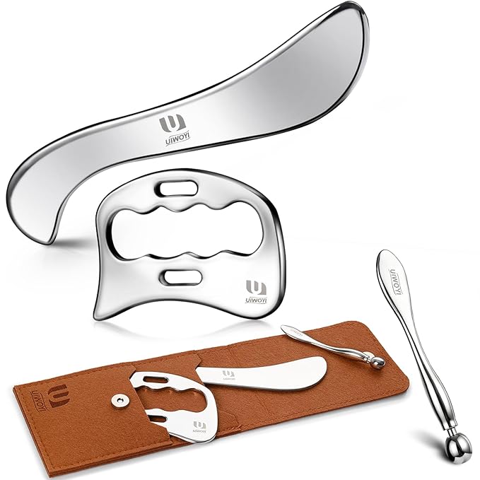 304 Stainless Steel Gua Sha Tools Set, Facial & Full Body Scraping Massage Kit with Zinc Alloy Eye Roller, 3 Pack Ergonomic Muscle Scraper for Home Daily Self Care & Workout Recovery