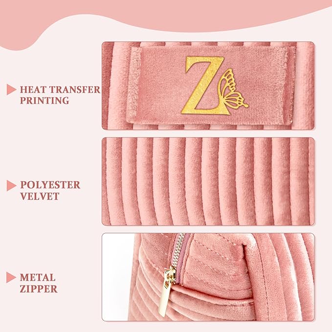 COSHAYSOO Travel Makeup Bag Quilted Make Up Pouch Initial Velvet Cosmetic Case with Butterfly Decorations for Women 20th 30th 40th 50th Best Birthday Appreciation Retirement Gifts Pink Letter Z