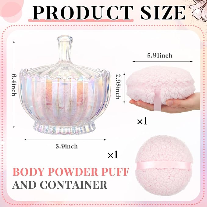 Tioncy 2 Pcs Extra Large Dusting Powder Puff and Container for Women-6'' Glass Crystal Dusting Powder Container with Body Soft Washable Reusable Velour Face(Dazzling,Scalloped)
