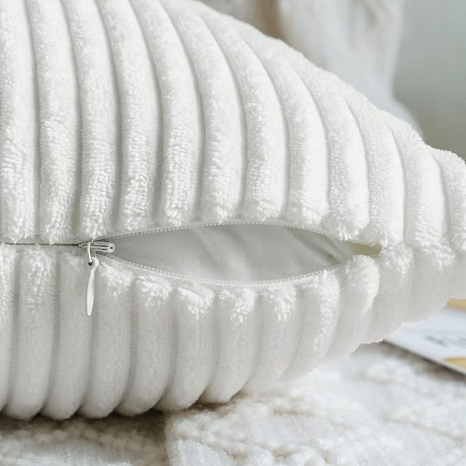 MIULEE Decorative Corduroy Throw Pillow Covers Set of 2 16x16 Pure White | Soft Striped Textured Cushion Cases, Boho Square Pillowcases Neutral Home Decor, for Couch Chair Sofa Bed Living Room