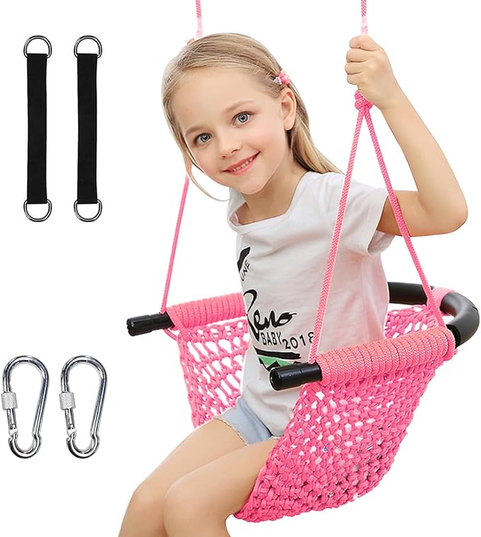 Hand-Knitting Toddler Swing, Swing Seat for Kids with Adjustable Ropes, Little tikes Swings Set, for Outdoor Indoor, Playground, Backyard (Pink)