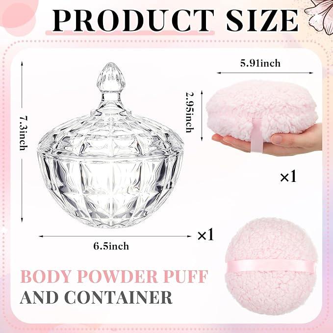 Tioncy 2 Pcs Extra Large Dusting Powder Puff and Container for Women-6'' Glass Crystal Dusting Powder Container with Body Soft Washable Reusable Velour Face(Clear,Diamond)