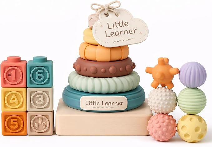 Baby Toy Set, 3 in 1 Baby Blocks, Teething Rings & Sensory Balls 6M+ | 18PCS Soft Pastel Set, Soft Blocks, Teething Rings, Sensory Balls, Number & Fine Motor Play, Activity Gifts for Toddlers