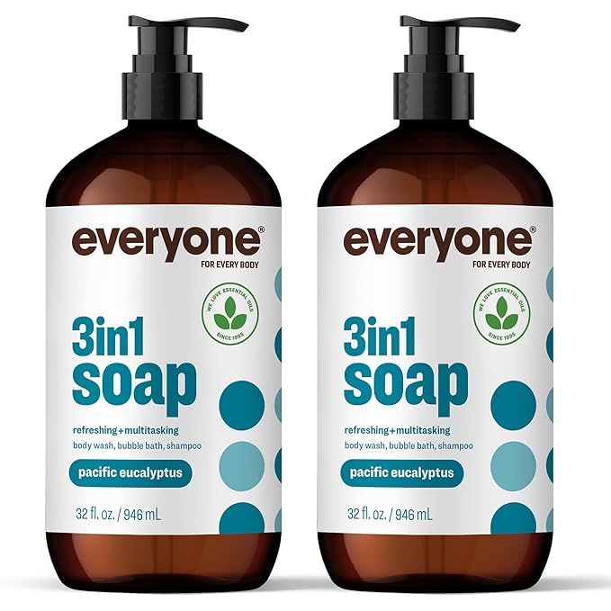 Everyone 3-in-1 Soap, Body Wash, Bubble Bath, Shampoo, 32 Ounce (Pack of 2), Pacific Eucalyptus, made with Essential Oils for Men and Women