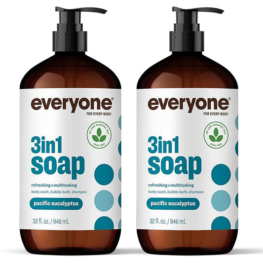 Everyone 3-in-1 Soap, Body Wash, Bubble Bath, Shampoo, 32 Ounce (Pack of 2), Pacific Eucalyptus, made with Essential Oils for Men and Women