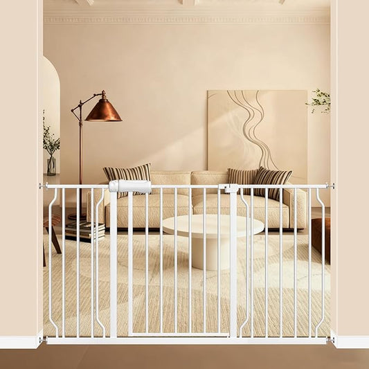 ALLAIBB Extra Wide Pressure Mount Baby Gate Auto Close White Metal Child Dog Pet Safety Gates with Walk Through for Stairs,Doorways,Kitchen and Living Room(52.76-57.48"/134-146cm)