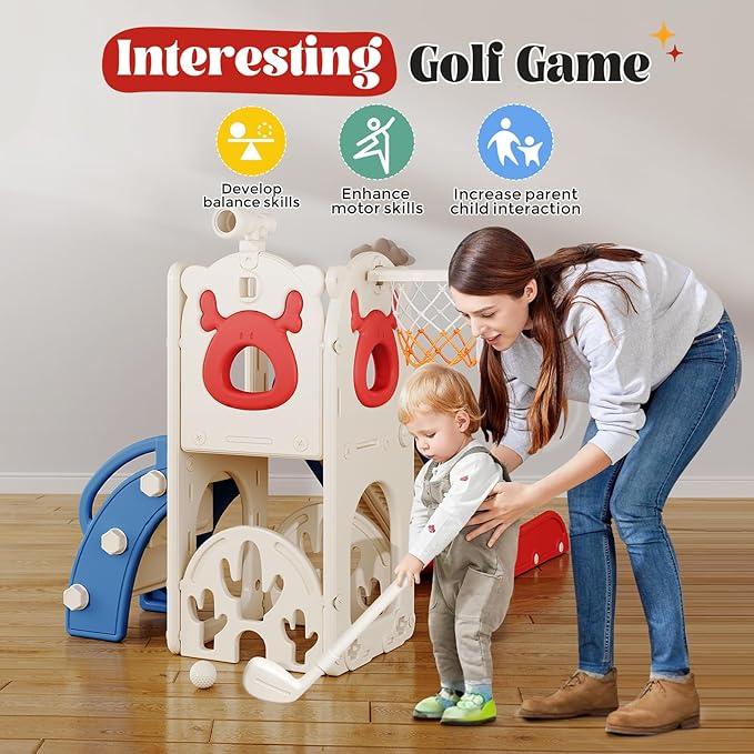 Toddler Slide, 7 in 1 Toddlers Playset Upgrade with Kids Slide Golf Set, Basketball Hoop and Storage Space for Toddler Age 1-3, Backyard Playground Indoor and Outdoor
