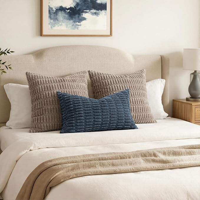 MIULEE Lumbar Corduroy Decorative Throw Pillow Covers 12x20 Blue Pack of 2 | Soft Boho Striped Pillow Covers Modern Farmhouse Coastal Home Decor For Sofa Living Room Couch Bed