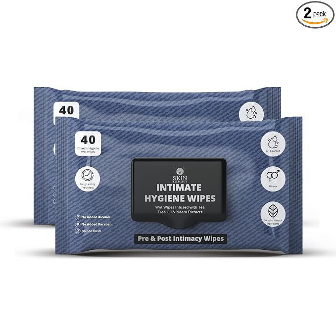 Skin Elements Intimate Hygiene Wet Wipes | Unisex | pH balanced Wipes | Tea Tree Oil & Neem Extracts | 80 Intimate Wet Wipes | Pre and Post Intimacy | Pack of 2