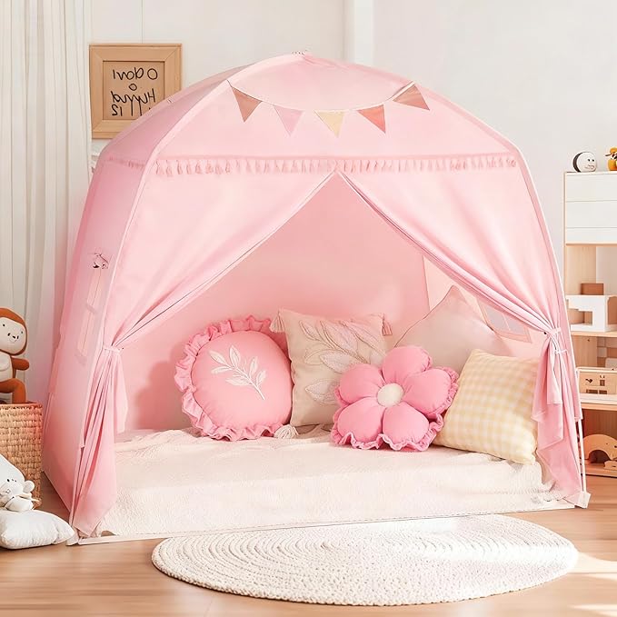 Sumbababy Large Teepee Tent for Kids: with Star Lights - Tent Indoor Kids Teepee Tent for Boys & Girls - Kids Play Tent Inside Canopy Bed for Playroom Gift Toys (Pink)