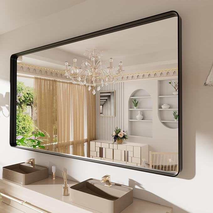 LOAAO 72X40 Inch Black Metal Framed Bathroom Mirror | Matte Black Bathroom Vanity Mirror, Rounded Rectangle, Anti-Rust, Tempered Glass, Hangs Horizontally or Vertically