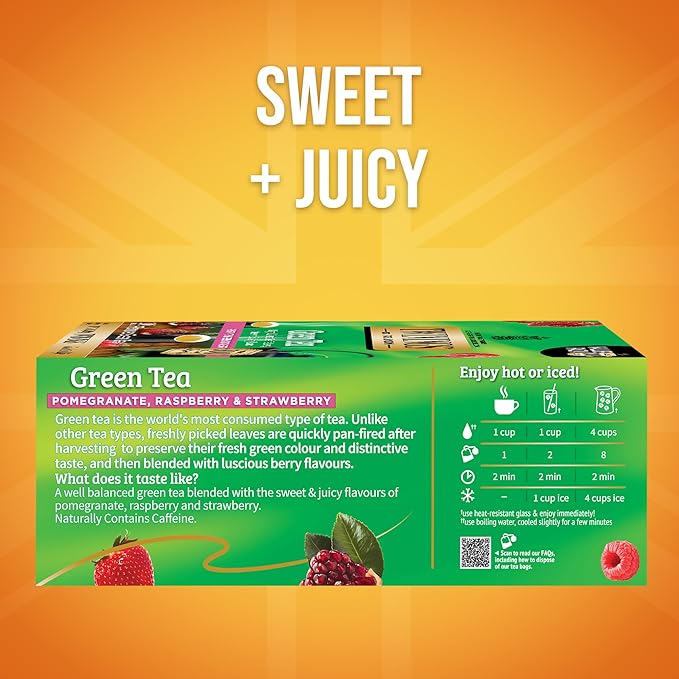 Twinings Green Tea with Pomegranate, Raspberry, & Strawberry Individually Wrapped Bags, 100 Count (Pack of 1), Caffeinated, Enjoy Hot or Iced, 100 Teabags