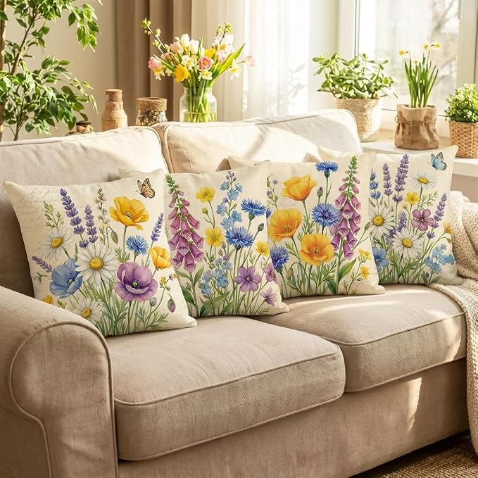 wyooxoo Throw Pillow Covers 16x16 Set of 4 Spring Pillow Covers Linen Flower Farmhouse Cushion Case for Sofa Couch Living Room Outdoor Home Decor