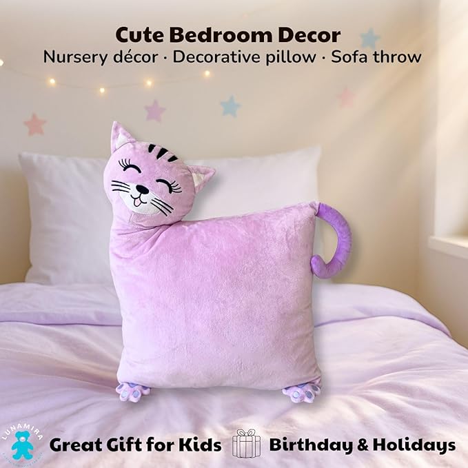LUNAMIRA Kids Cat Plush Pillow – Cute Bedroom Decor Throw Pillow & Movie-Night Buddy, Cuddle Sleeping Pillow, Soft Comfort Toddler Travel Pillow, Washable Cover, 16”x14” Birthday for Kids