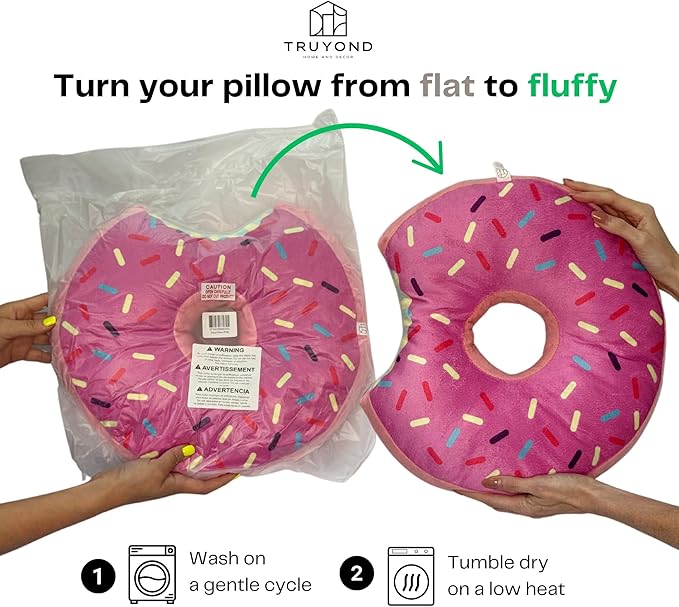 Donut Pillow for Ear Piercings - Comfortable Soft Ear Pillow for Side Sleeping - Reduces Ear Discomfort - Fun Decor, Stuffed Cushion and Toy, 14 Inches (Pink Icing)