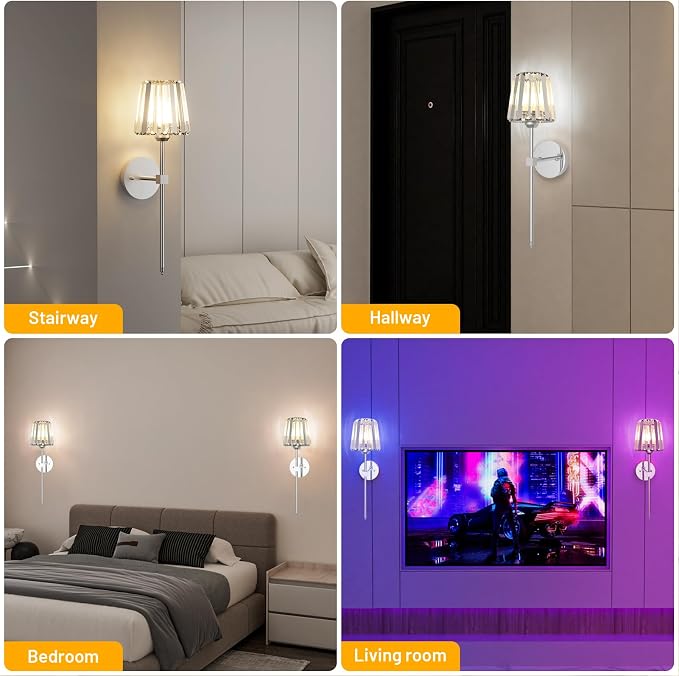Crystal Battery Operated Wall Sconces Set of 2, Chrome Rechargeable Wireless Wall Lights with Crystal Lampshade, 12 RGB and 3CCT Dimmable Wall Lamps with Remote for Bedroom Living Room Hallway