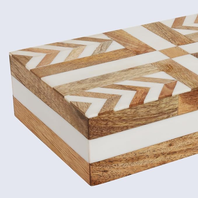 Handicrafts Home White Decorative Storage Box with Lid Wooden Storage Organizer Box Multi Purpose Storage Box for Coffee Table Desk Shelf Decor – Resin Inlay Patisserie Adorn Collection- 10x6x2.5