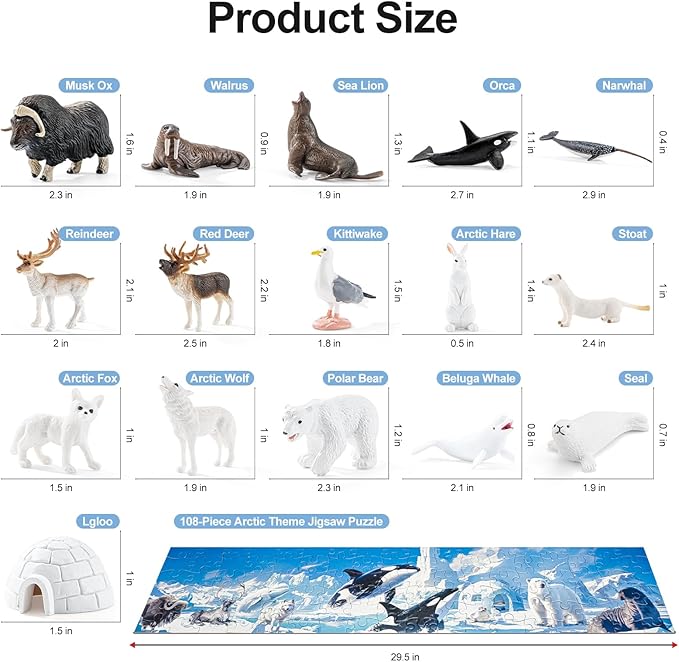 Arctic Animals Figurines Toys - 16PCS Winter Polar Animals Figures & 108 PCS Large Arctic Jigsaw Puzzles Toys for Preschool Kids Toddlers Ideal Gift for Boys and Girls